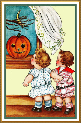 Little Girls Window Pumpkin Moon Halloween Counted Cross Stitch Pattern