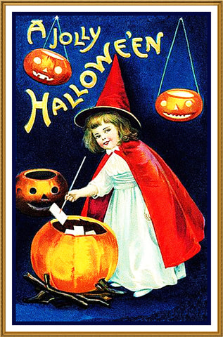 Little Girl Witch Cauldron Halloween Ellen Clappsaddle Counted Cross Stitch Pattern