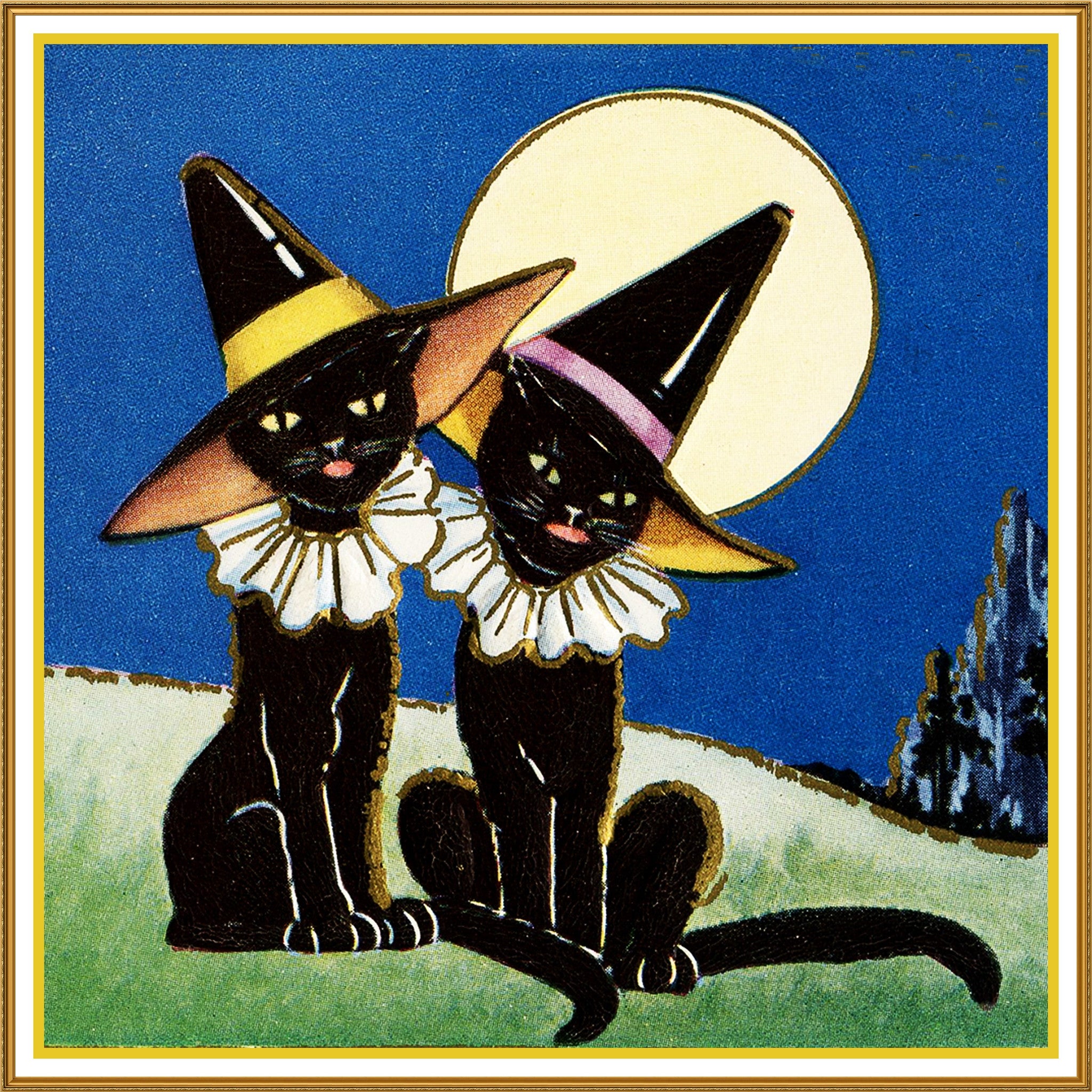 2 Black Cats with Witch Hats Halloween Counted Cross Stitch