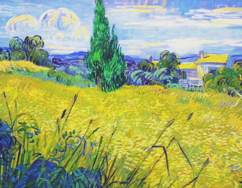Large-Green Wheat and Corn Field with Cypress Trees inspired by Impressionist Vincent Van Gogh Counted Cross Stitch Pattern