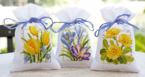 SPRING FLOWERS by Vervaco 3 Sachet Bags Counted Cross Stitch Kit