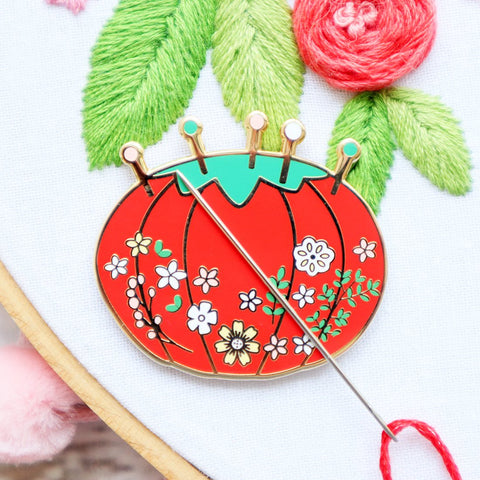 Vintage Tomato Floral Pin Cushion Needle Minder by Flamingo Toes