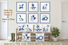 William Morris Philip Webb Blue White Raven Counted Cross Stitch Pattern