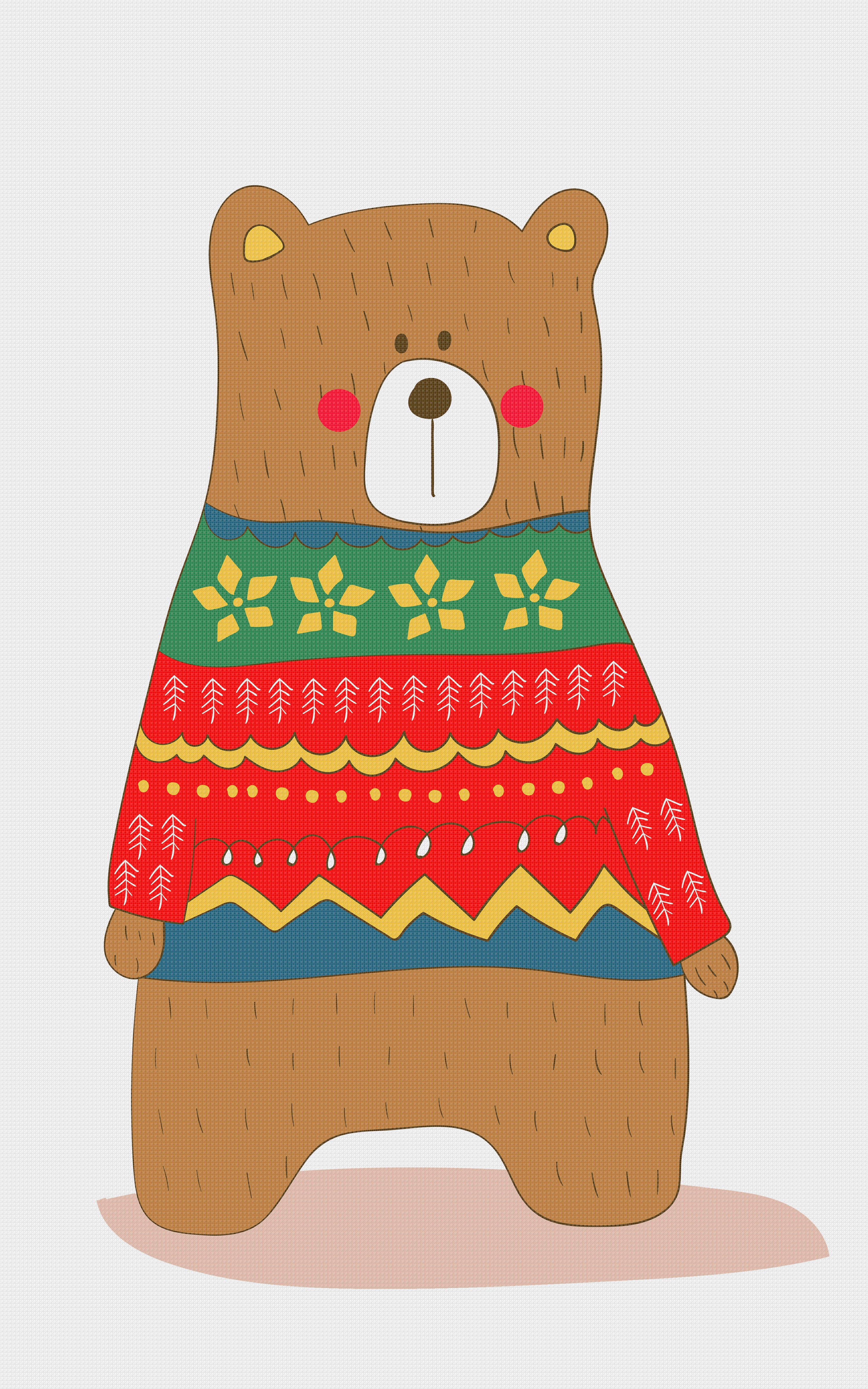 Contemporary Brown Bear in a Colorful Knit Sweater Hand Embroidery Pat