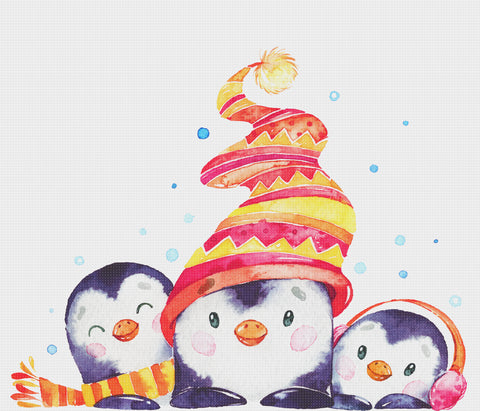 Contemporary Penguins in a Colorful Knit Hats and Scarves Hand Embroidery Pattern