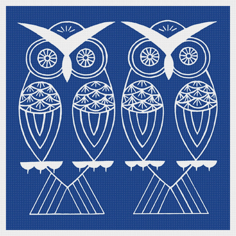 Asian Indigo Batik 2 Owl Birds Folk Art *2 DMC Colors* Counted Cross Stitch Pattern