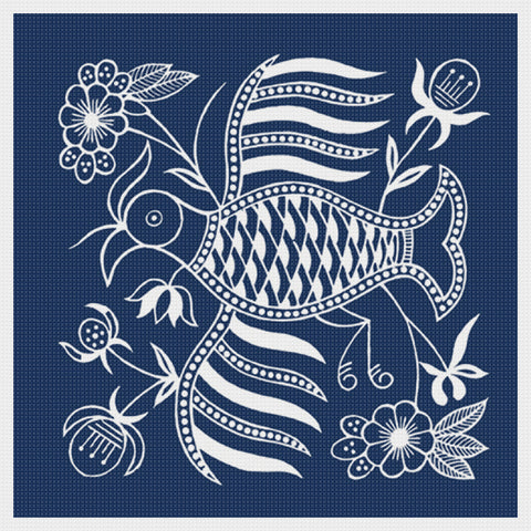 Asian Indigo Batik Bird #5 Folk Art Design *2 DMC Colors* Counted Cross Stitch Pattern