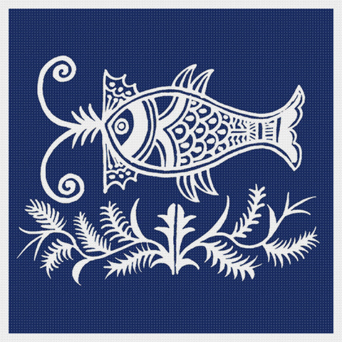 Asian Indigo Batik Fish Folk Art Design *2 DMC Colors* Counted Cross Stitch Pattern