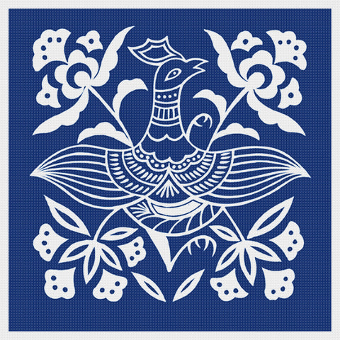 Asian Indigo Batik Bird #4 Folk Art Design *2 DMC Colors* Counted Cross Stitch Pattern