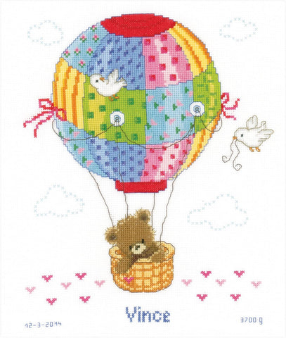 HOT AIR BALLOONS-Birth Record Vervaco Counted Cross Stitch Kit 10.75