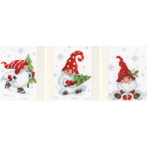 Christmas Gnomes Enjoying The Holiday Greeting Cards  by Vervaco Counted Cross Stitch Kit 4.25 